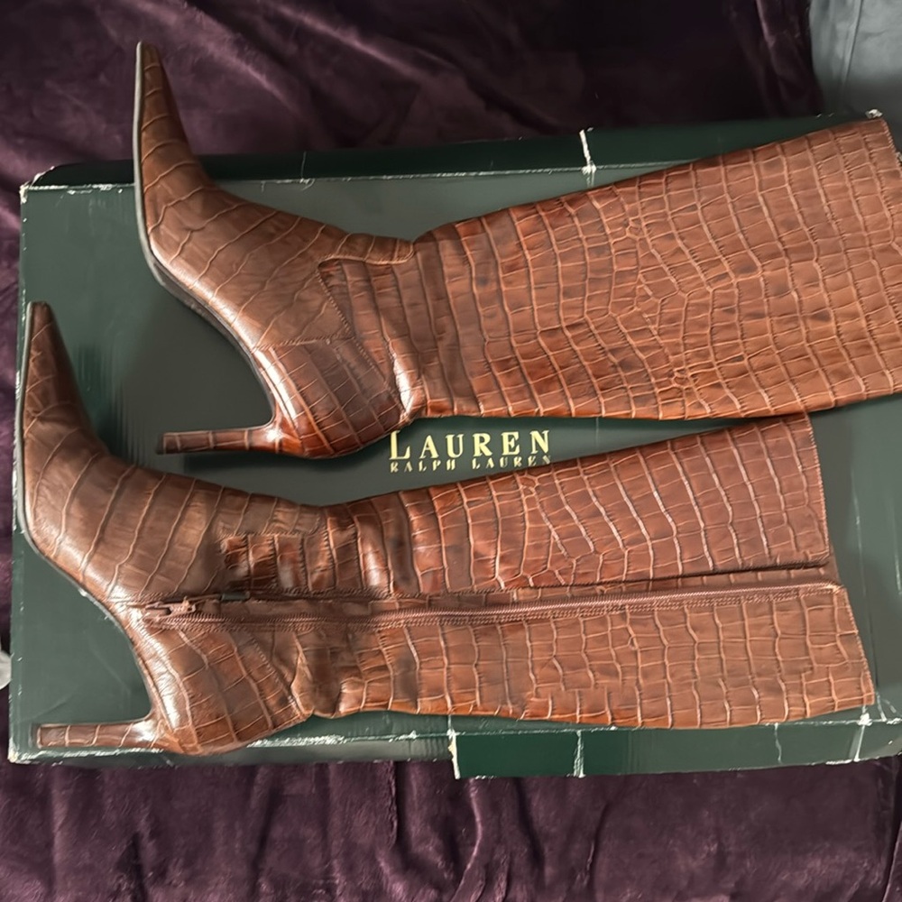 Lauren Ralph Lauren Brown Croc-Embossed Heeled Boots
